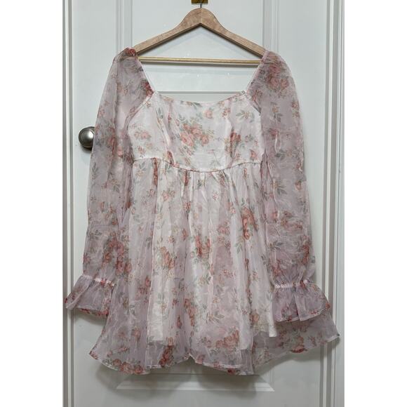Floral Chiffon Mini Dress Pink White Puff Sleeve Babydoll Cottagecore M - Picture 14 of 16